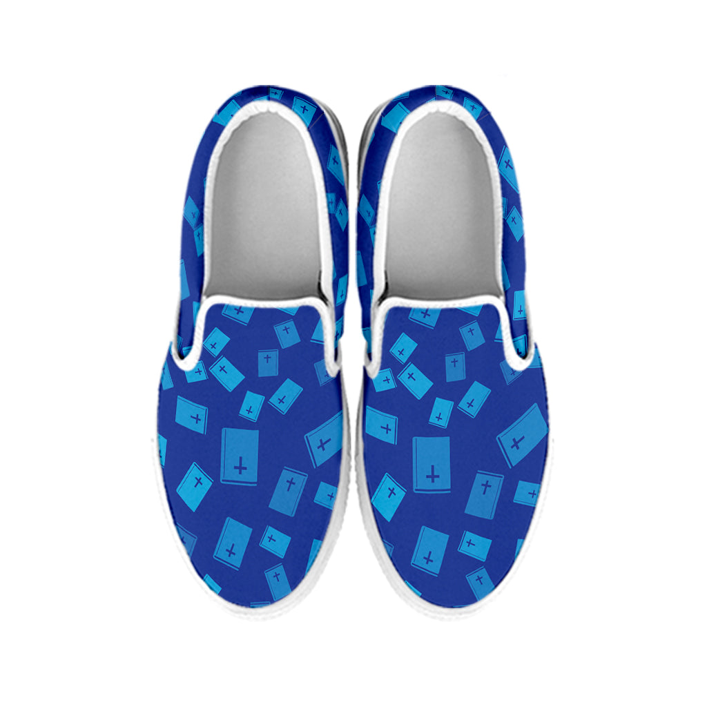 Blue Holy Bible Pattern Print White Slip On Shoes