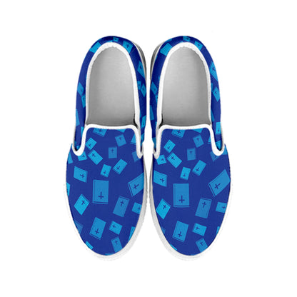 Blue Holy Bible Pattern Print White Slip On Shoes