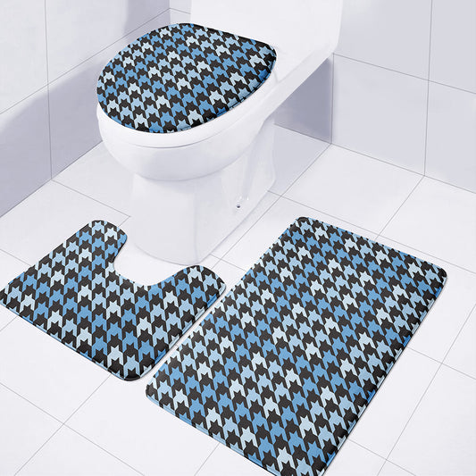 Blue Houndstooth Pattern Print 3 Piece Bath Mat Set