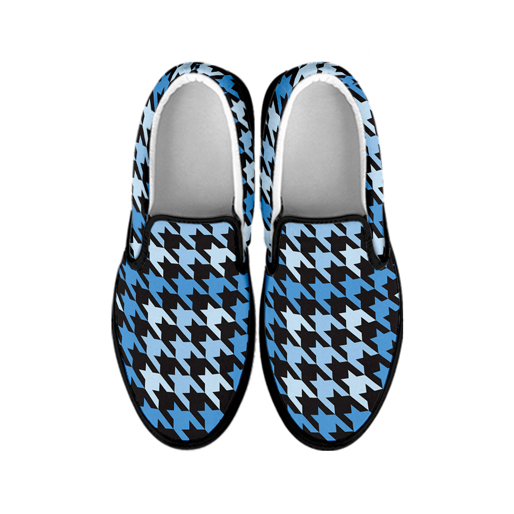 Blue Houndstooth Pattern Print Black Slip On Shoes