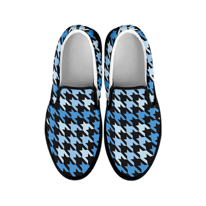 Blue Houndstooth Pattern Print Black Slip On Shoes
