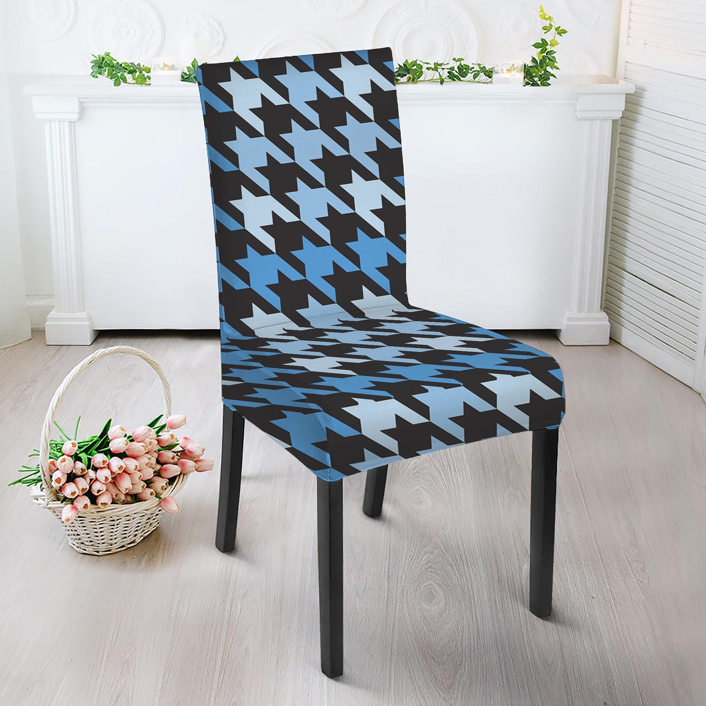 Blue Houndstooth Pattern Print Dining Chair Slipcover
