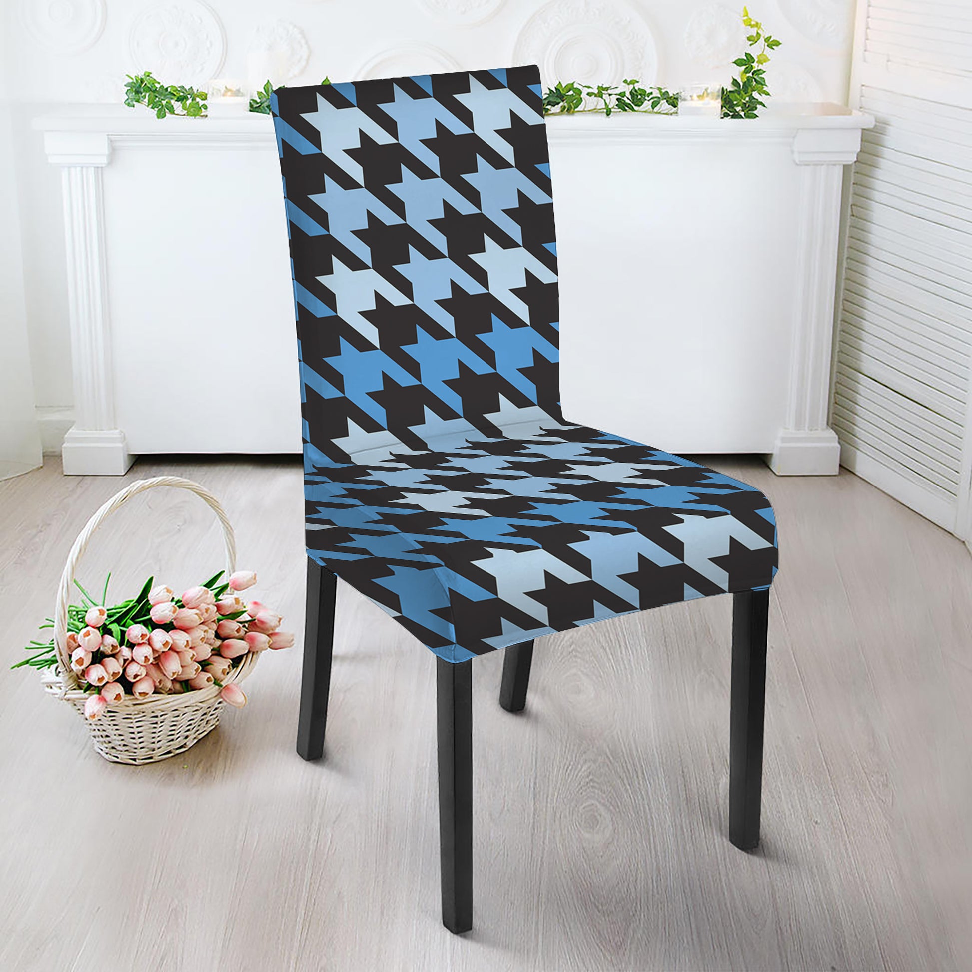 Blue Houndstooth Pattern Print Dining Chair Slipcover