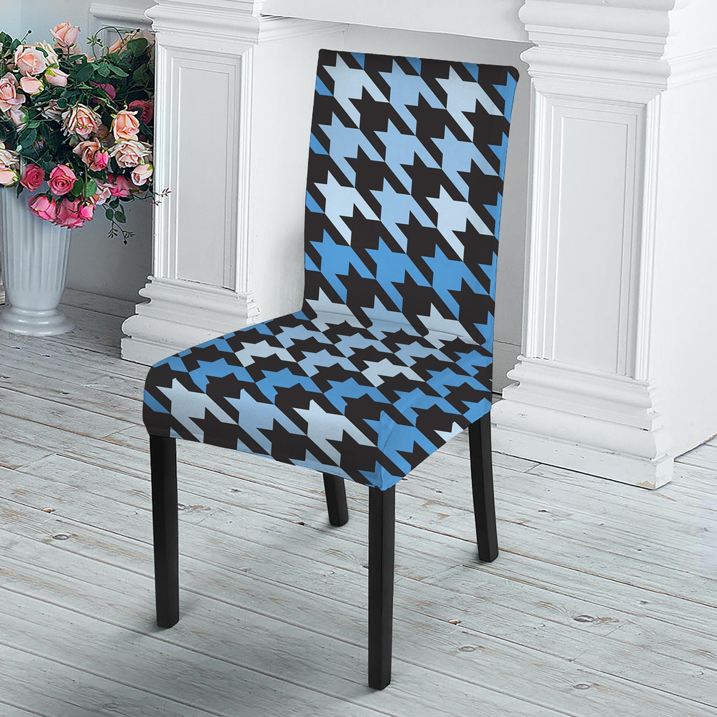 Blue Houndstooth Pattern Print Dining Chair Slipcover
