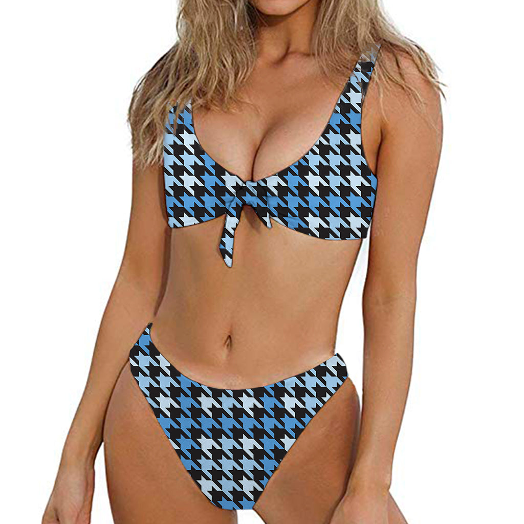 Blue Houndstooth Pattern Print Front Bow Tie Bikini