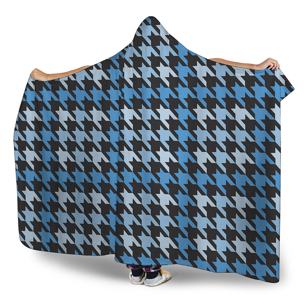 Blue Houndstooth Pattern Print Hooded Blanket