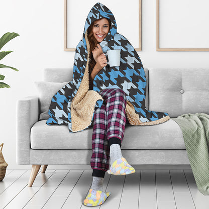 Blue Houndstooth Pattern Print Hooded Blanket