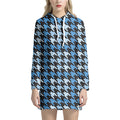 Blue Houndstooth Pattern Print Pullover Hoodie Dress