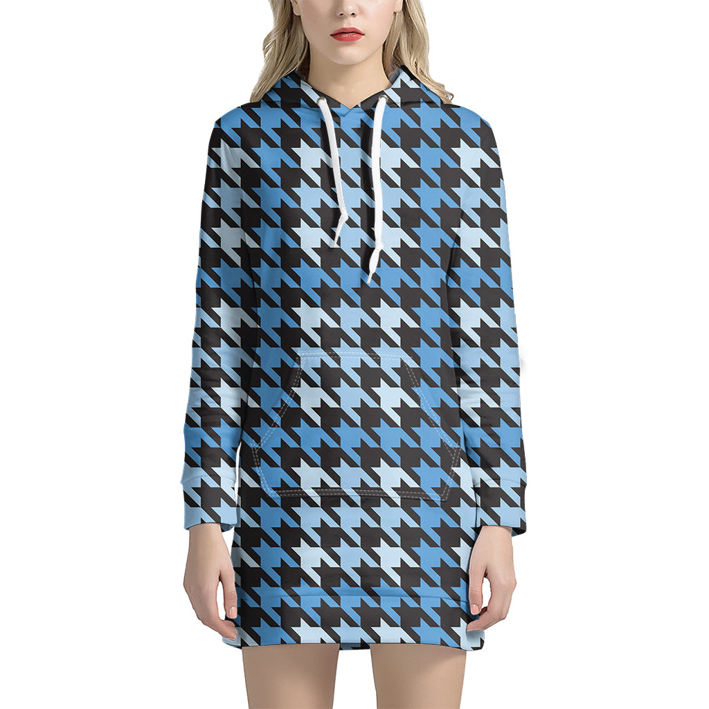 Blue Houndstooth Pattern Print Hoodie Dress