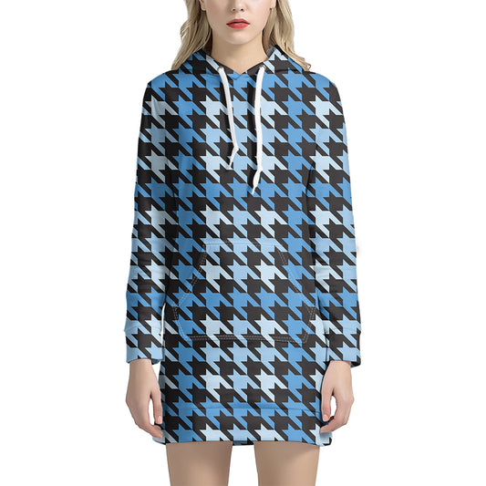 Blue Houndstooth Pattern Print Hoodie Dress
