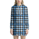 Blue Houndstooth Pattern Print Hoodie Dress