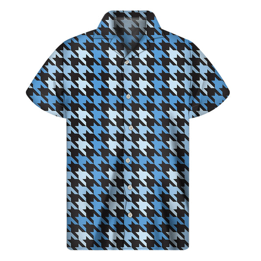 Blue Houndstooth Pattern Print Men's Short Sleeve Shirt