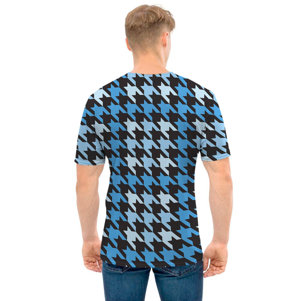 Blue Houndstooth Pattern Print Men's T-Shirt