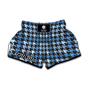 Blue Houndstooth Pattern Print Muay Thai Boxing Shorts