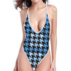 Blue Houndstooth Pattern Print One Piece High Cut Swimsuit