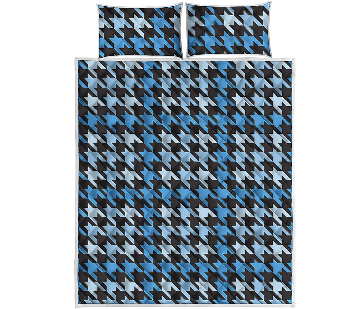 Blue Houndstooth Pattern Print Quilt Bed Set