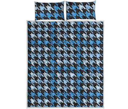 Blue Houndstooth Pattern Print Quilt Bed Set