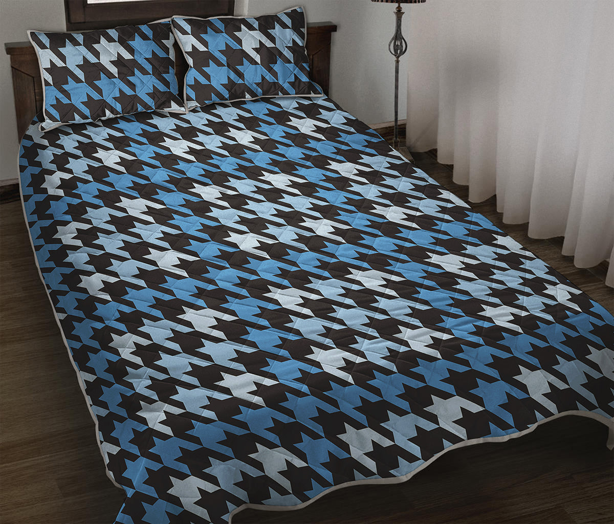 Blue Houndstooth Pattern Print Quilt Bed Set