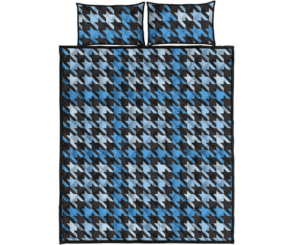Blue Houndstooth Pattern Print Quilt Bed Set