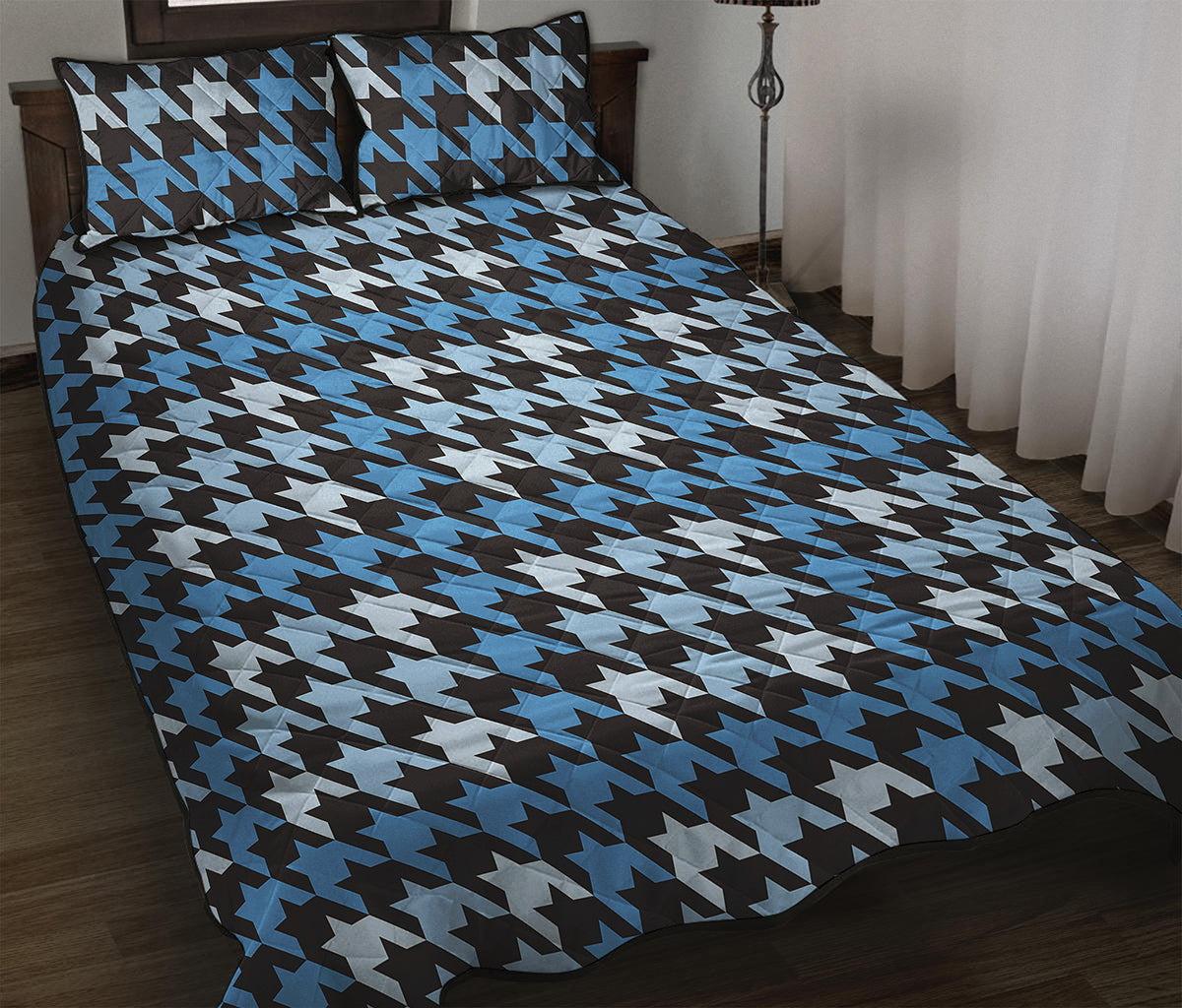 Blue Houndstooth Pattern Print Quilt Bed Set