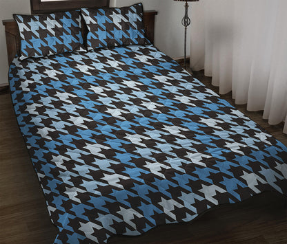 Blue Houndstooth Pattern Print Quilt Bed Set