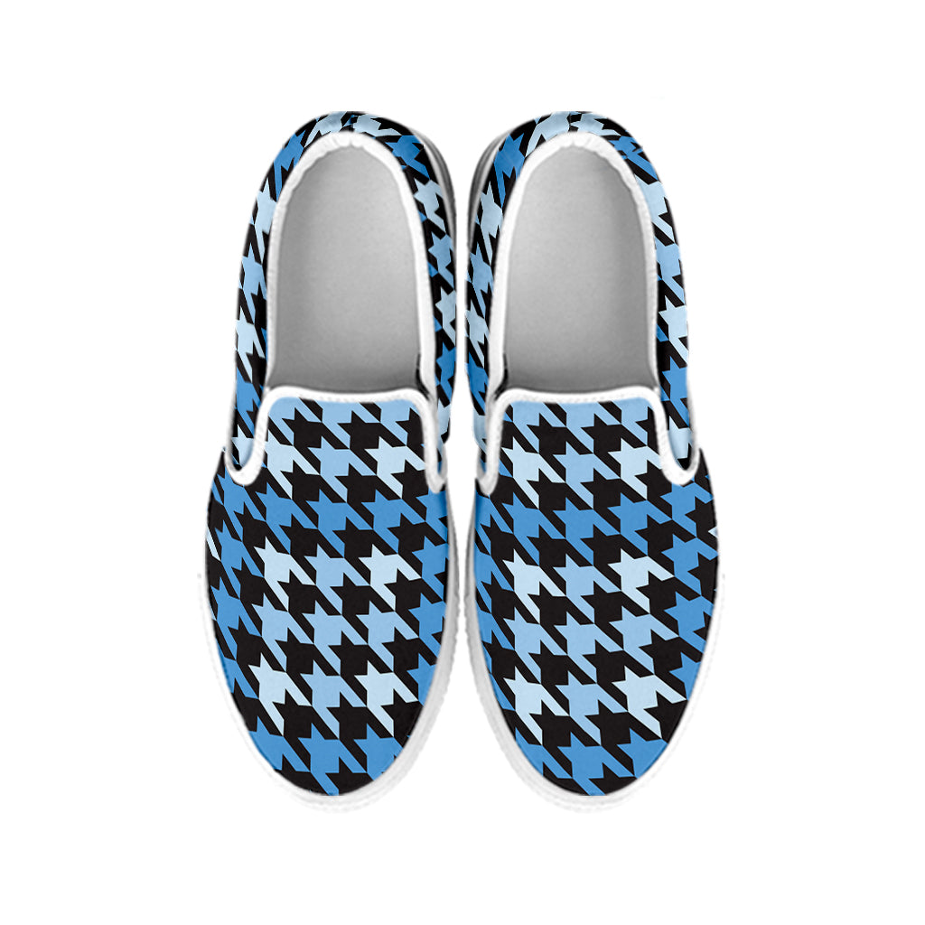 Blue Houndstooth Pattern Print White Slip On Shoes