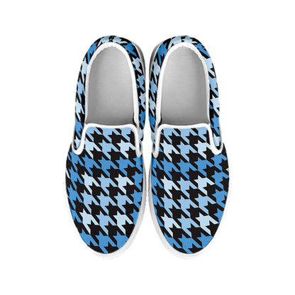Blue Houndstooth Pattern Print White Slip On Shoes