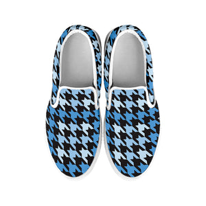 Blue Houndstooth Pattern Print White Slip On Shoes