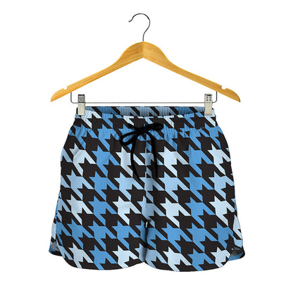 Blue Houndstooth Pattern Print Women's Shorts