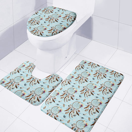 Blue Indian Dream Catcher Pattern Print 3 Piece Bath Mat Set