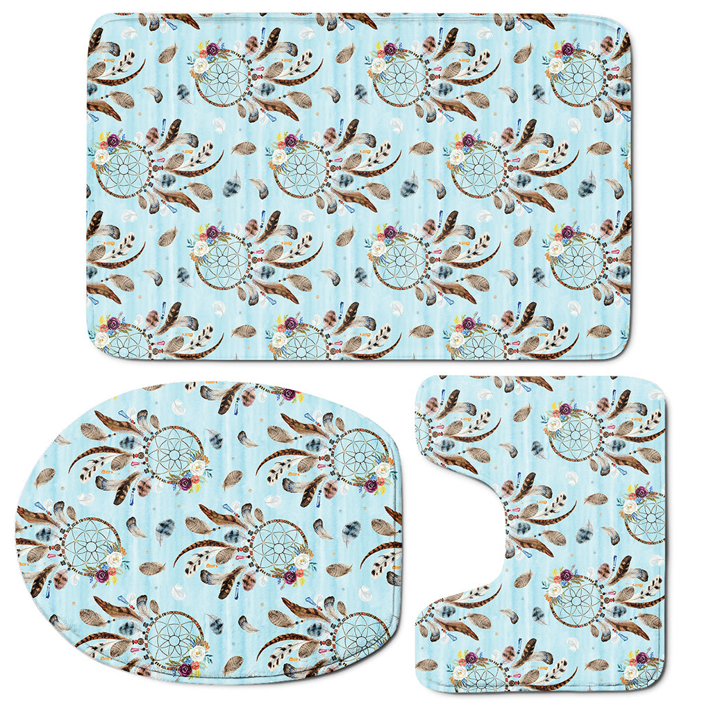 Blue Indian Dream Catcher Pattern Print 3 Piece Bath Mat Set