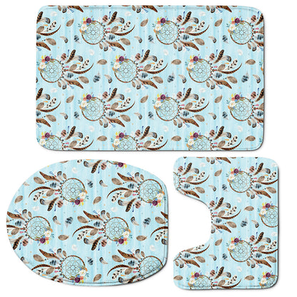 Blue Indian Dream Catcher Pattern Print 3 Piece Bath Mat Set