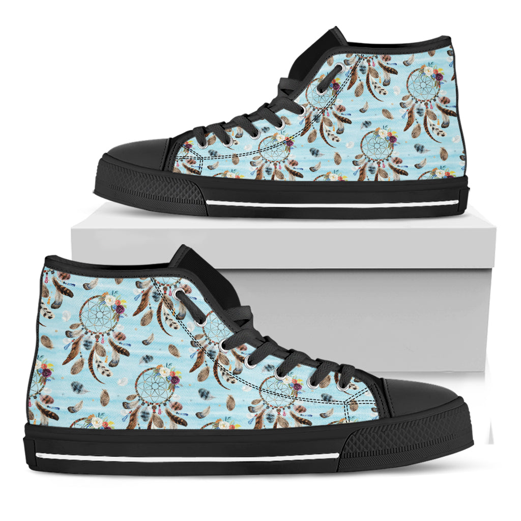 Blue Indian Dream Catcher Pattern Print Black High Top Shoes