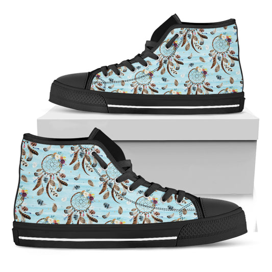 Blue Indian Dream Catcher Pattern Print Black High Top Shoes