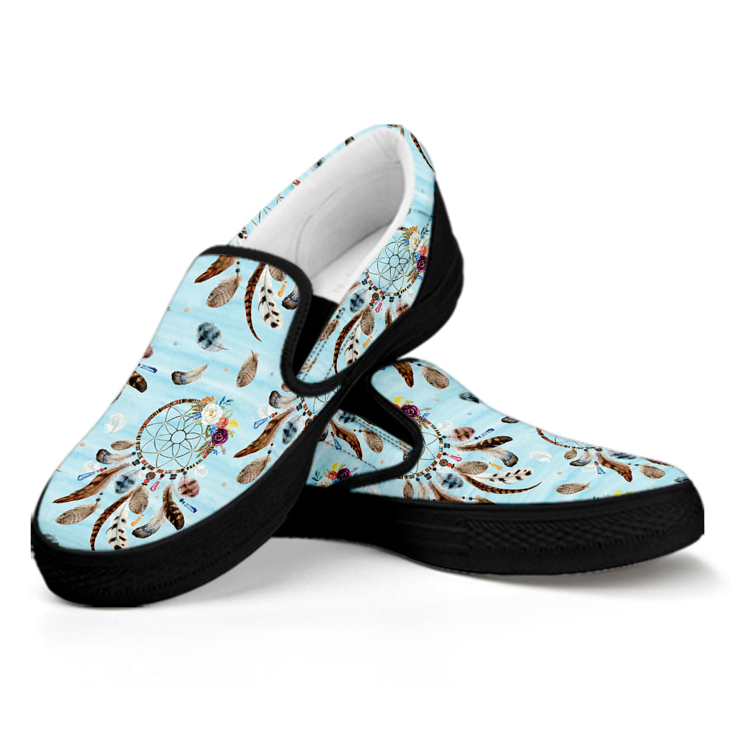 Blue Indian Dream Catcher Pattern Print Black Slip On Shoes