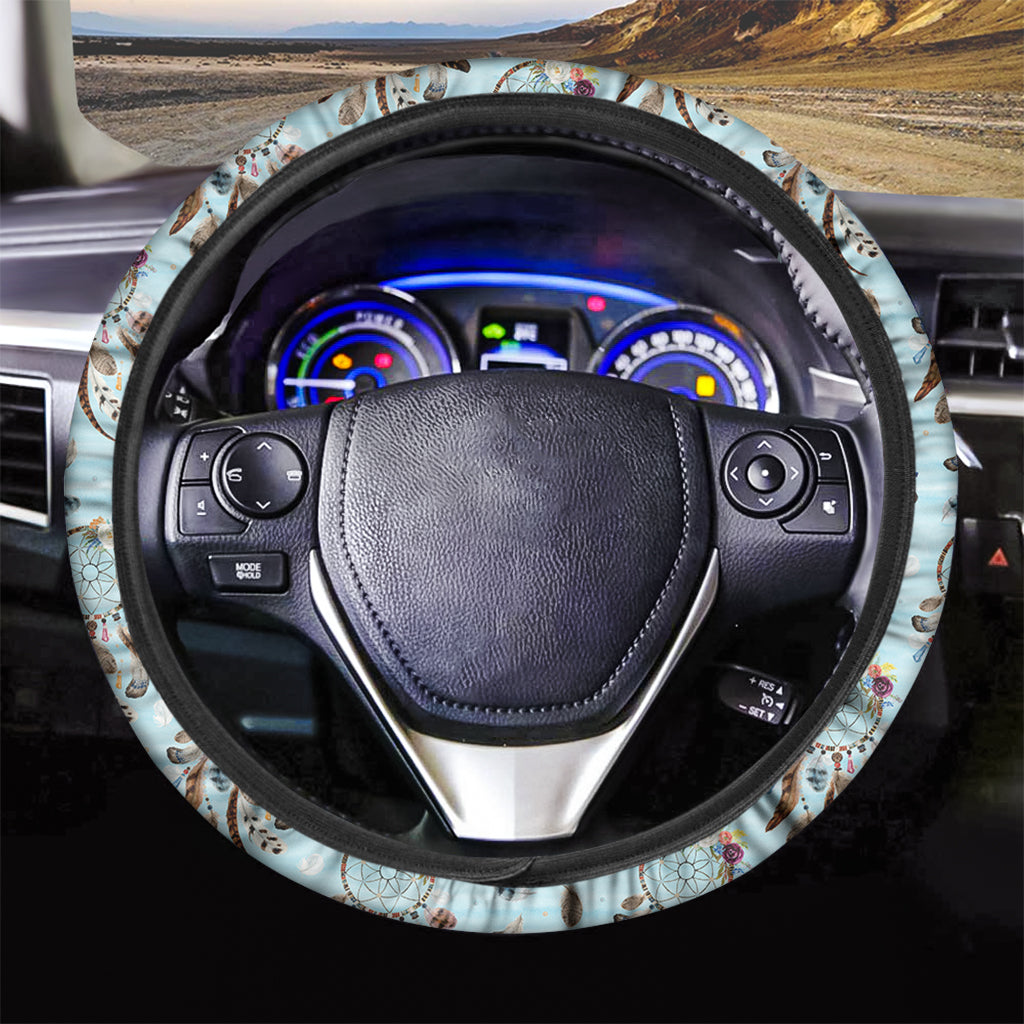 Blue Indian Dream Catcher Pattern Print Car Steering Wheel Cover