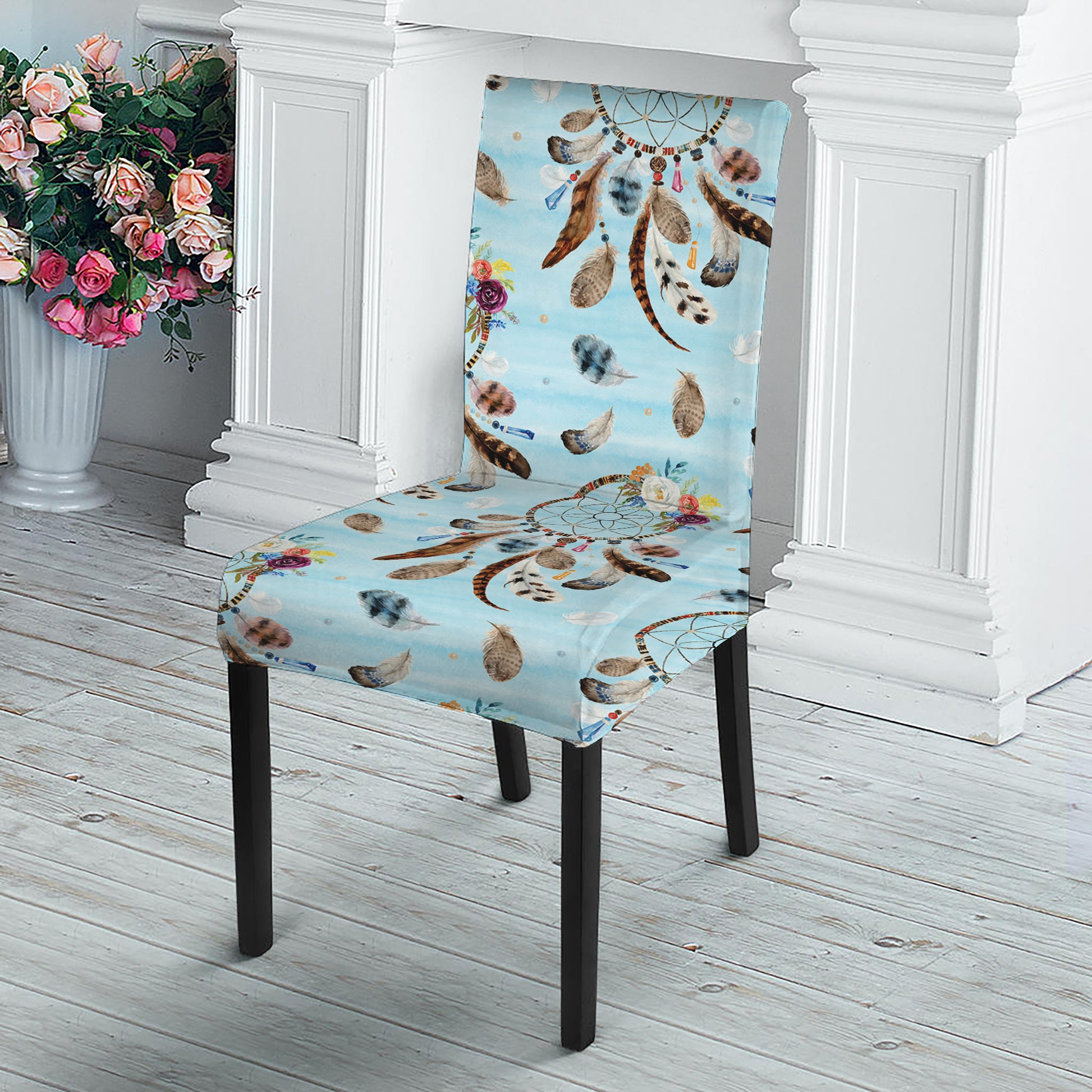Blue Indian Dream Catcher Pattern Print Dining Chair Slipcover