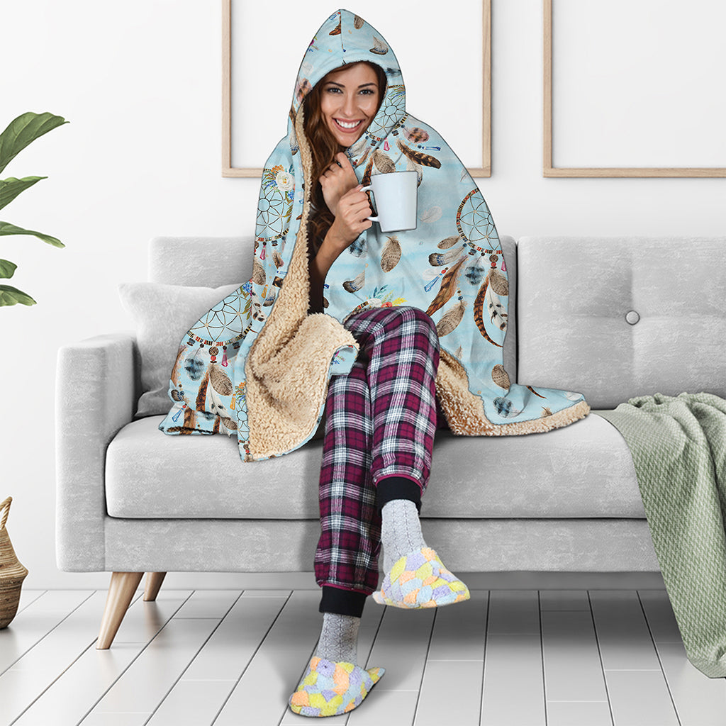 Blue Indian Dream Catcher Pattern Print Hooded Blanket