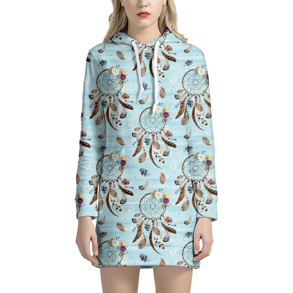 Blue Indian Dream Catcher Pattern Print Hoodie Dress