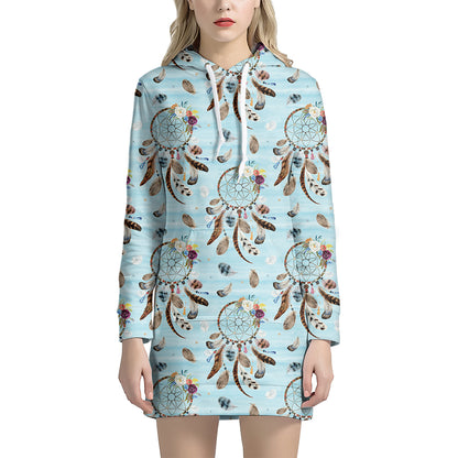 Blue Indian Dream Catcher Pattern Print Hoodie Dress