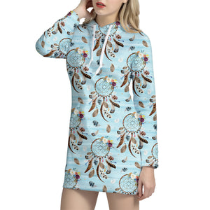 Blue Indian Dream Catcher Pattern Print Hoodie Dress