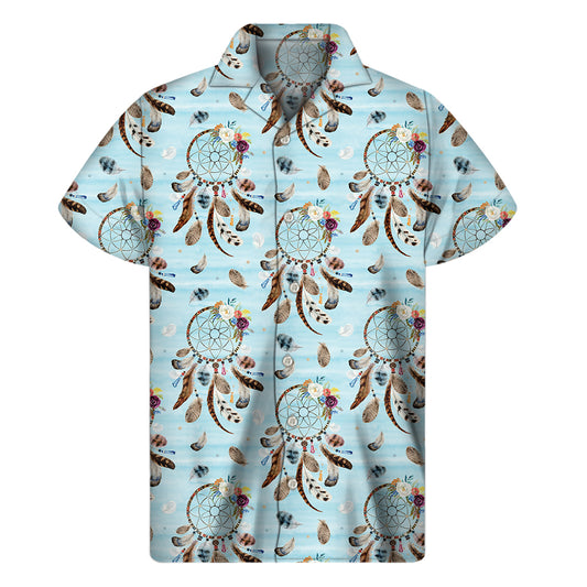 Blue Indian Dream Catcher Pattern Print Men's Short Sleeve Shirt