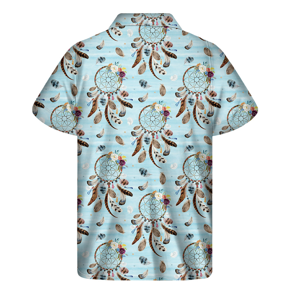Blue Indian Dream Catcher Pattern Print Men's Short Sleeve Shirt