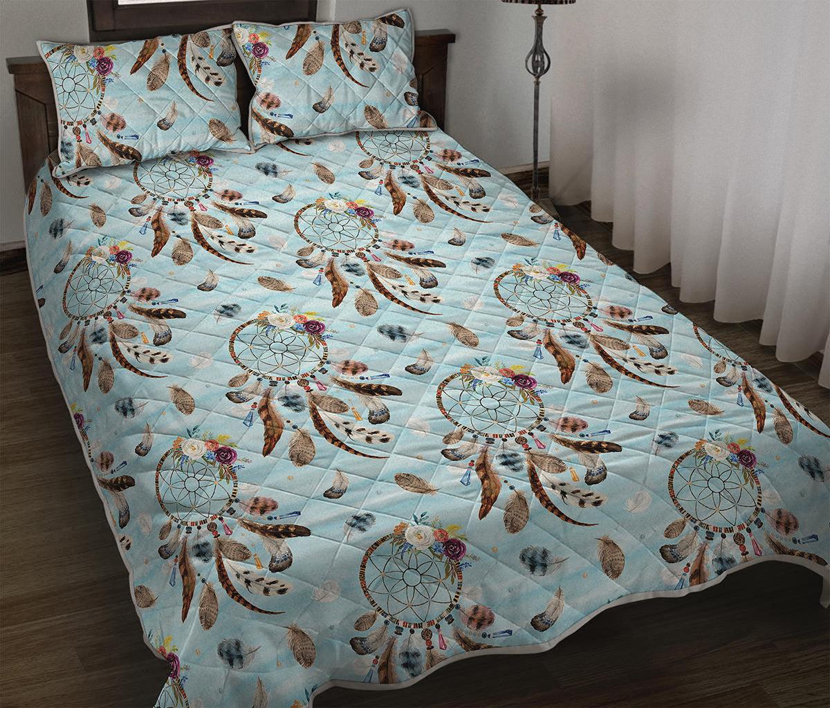 Blue Indian Dream Catcher Pattern Print Quilt Bed Set