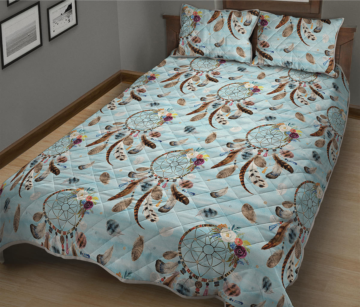 Blue Indian Dream Catcher Pattern Print Quilt Bed Set