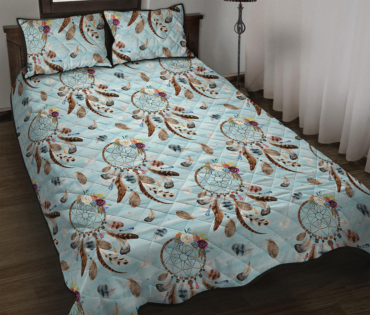 Blue Indian Dream Catcher Pattern Print Quilt Bed Set