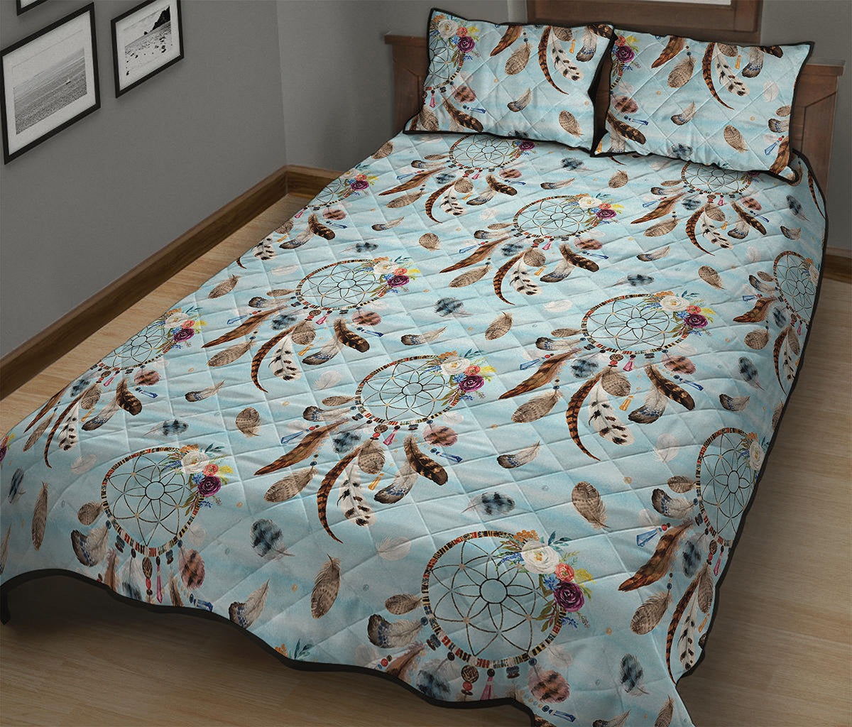 Blue Indian Dream Catcher Pattern Print Quilt Bed Set