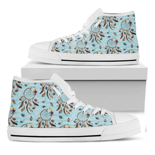 Blue Indian Dream Catcher Pattern Print White High Top Shoes
