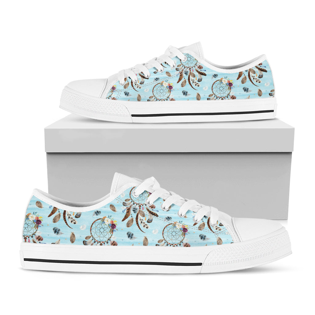 Blue Indian Dream Catcher Pattern Print White Low Top Shoes