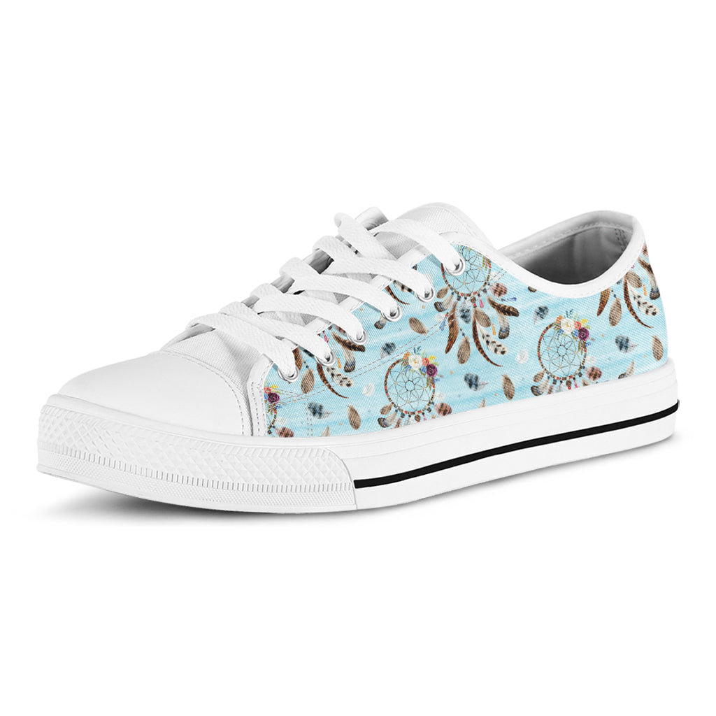 Blue Indian Dream Catcher Pattern Print White Low Top Shoes